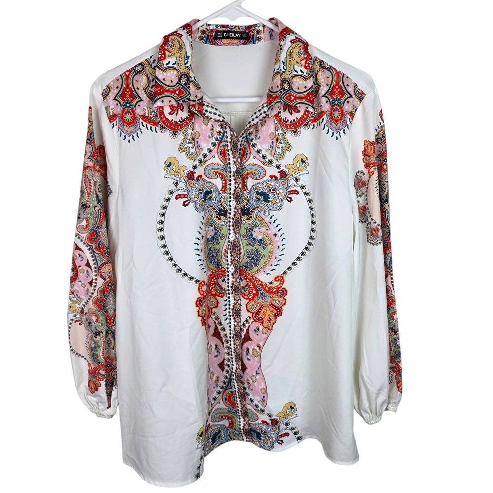 Sheilay Blouse Women XL White Multicolor Good Paisley Button Down Long Sleeve
